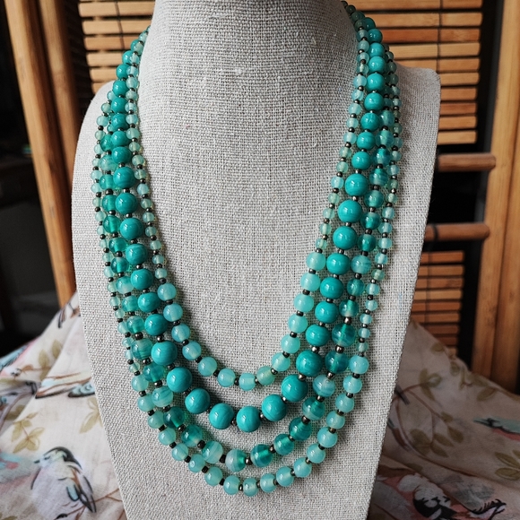 Aqua Turquoise Glass Beaded Bib Collar Style Necklace Vintage EUC Mermaid Brass - Picture 8 of 8